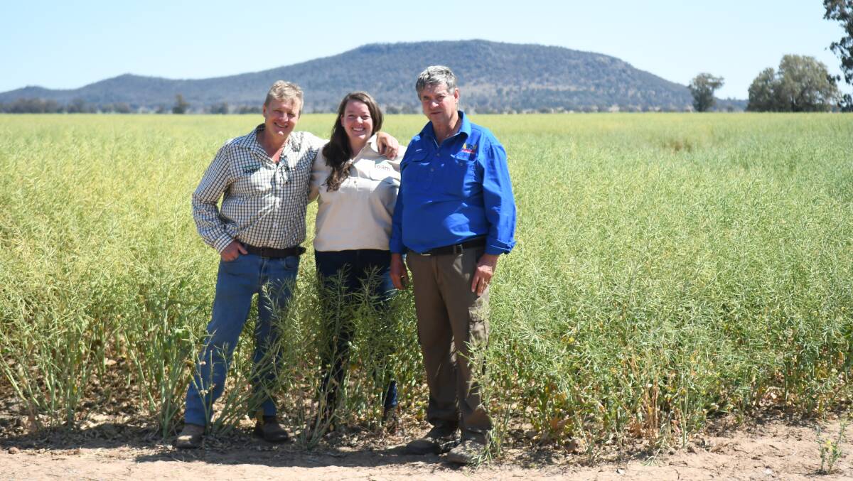 Loam co-founders Guy Webb and Tegan Nock with Wirrinya farmer Steve Nicholson.