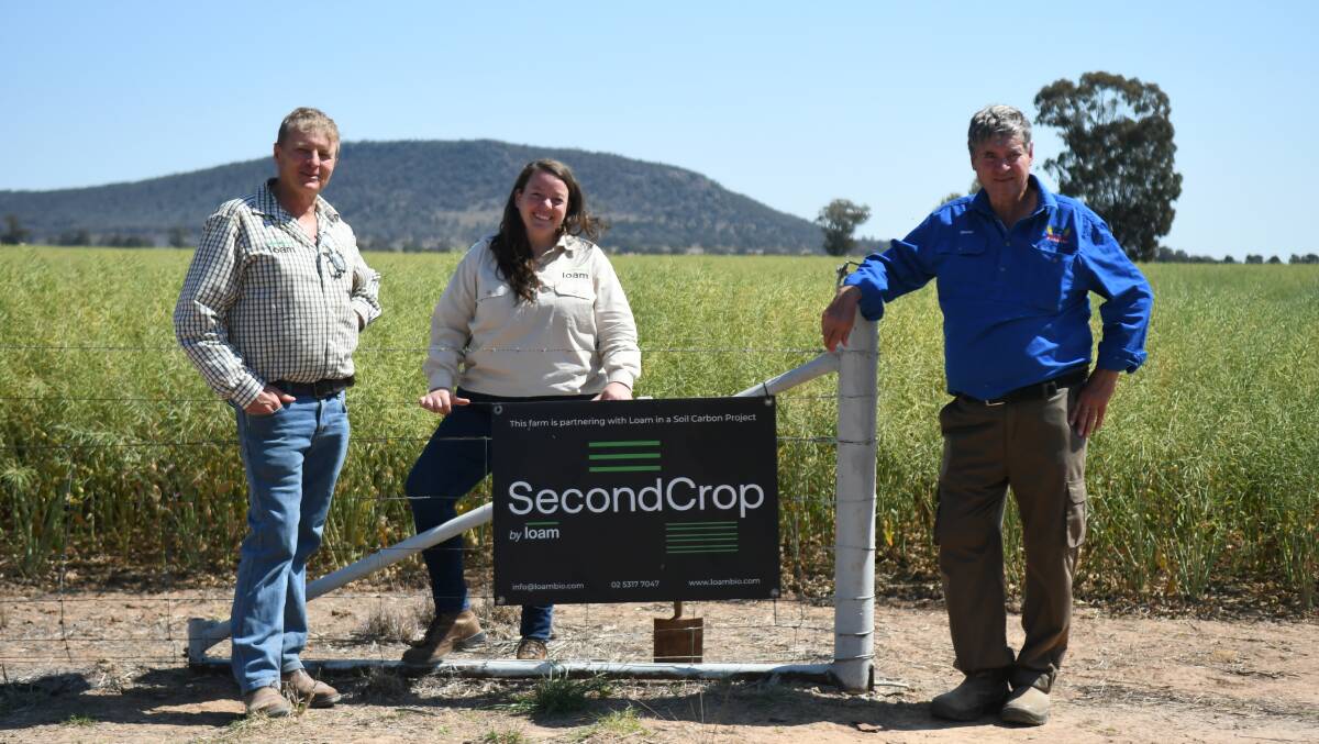 Loam co-founders Guy Webb and Tegan Nock with Wirrinya farmer Steve Nicholson.