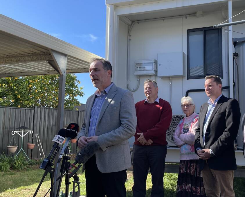 Minister for Emergency Services Jihad Dib addressing media with MP Phil Donato, Eugowra resident Grace Katon and Minister Paul Scully in Eugowra earlier this year. File picture