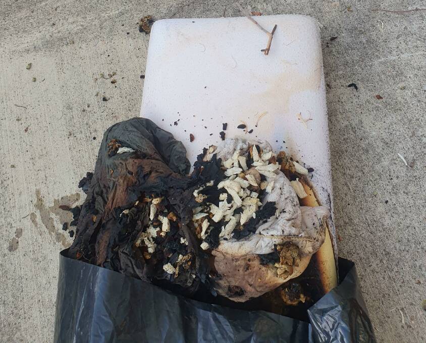 The charred remains of pillows that were left in a car as temperatures rose on the weekend. Picture by Fire and Rescue Forbes