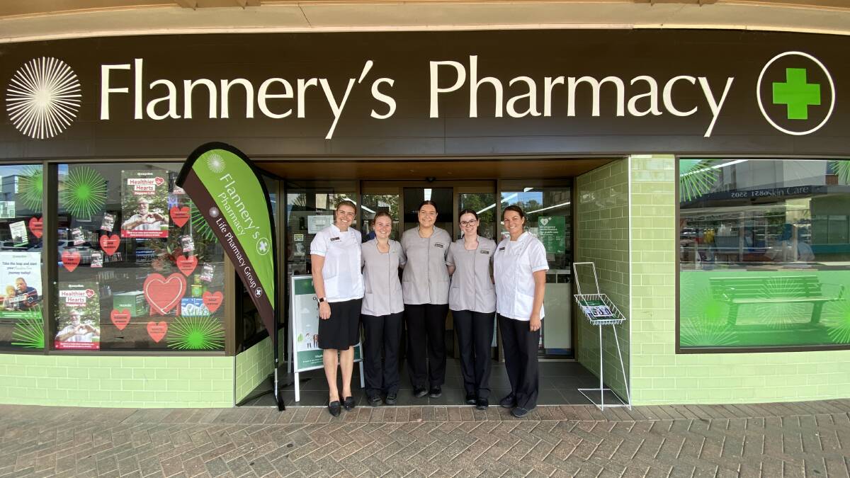 Life Pharmacy Group's Kate French and Sarah Hazell are celebrating that (centre) Laura Vonthien, Madi Hopkins and Lacey Borger will study pharmacy this year. Picture supplied