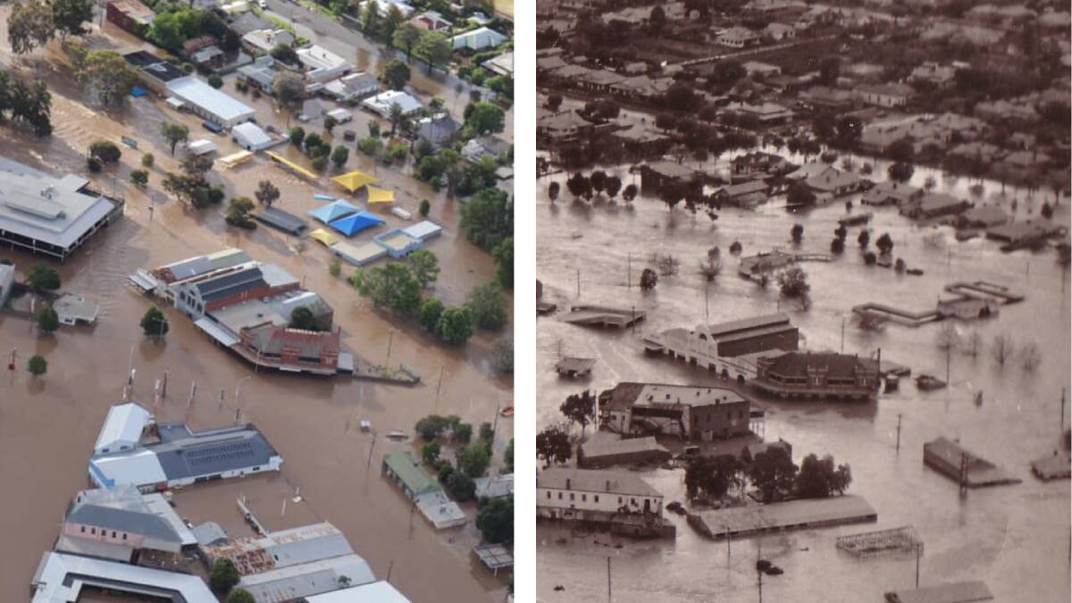 Then and now ... the 2022 flooding of Forbes CBD captured by Farmer from Down Under Brad Shepherd and 1952 flooding from Pictorial Forbes. You can see the iconic Forbes arcade in the centre and the Olympic swimming pool higher on the right. 