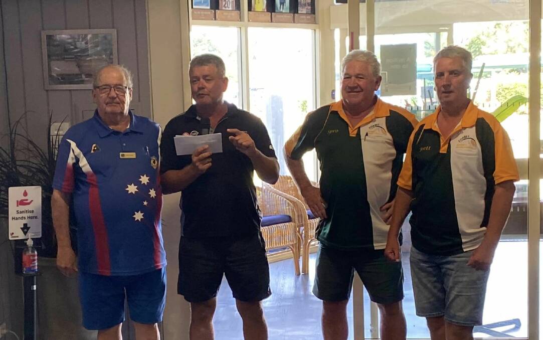 Shane Bolam, Brian Asimus and Brett Davenport were congratulated on their win in the Grenfell Coca Cola Triples tournament. Picture by Grenfell Lawn Bowlers Club, Facebook
