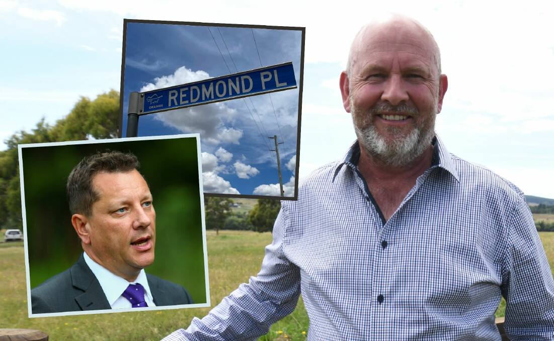 Mayor Jason Hamling and (insets, from left) Minister for Planning and Public Spaces, Paul Scully and a Redmond Place street sign. Main picture by Carla Freedman